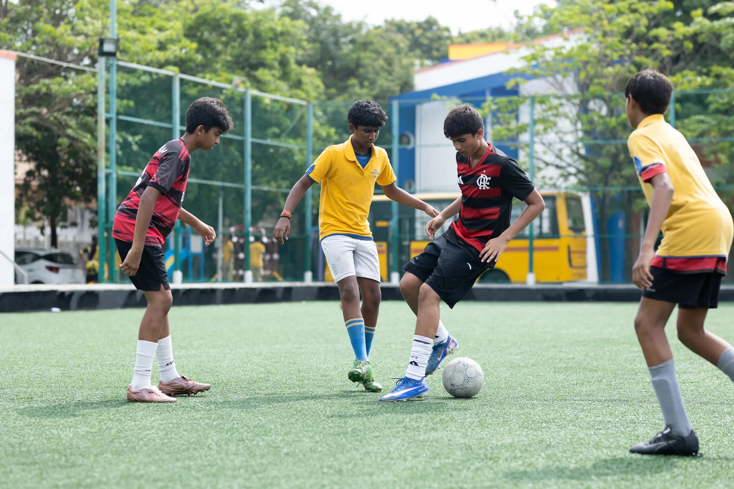 A decisive game moment from a boys football match at Vaels