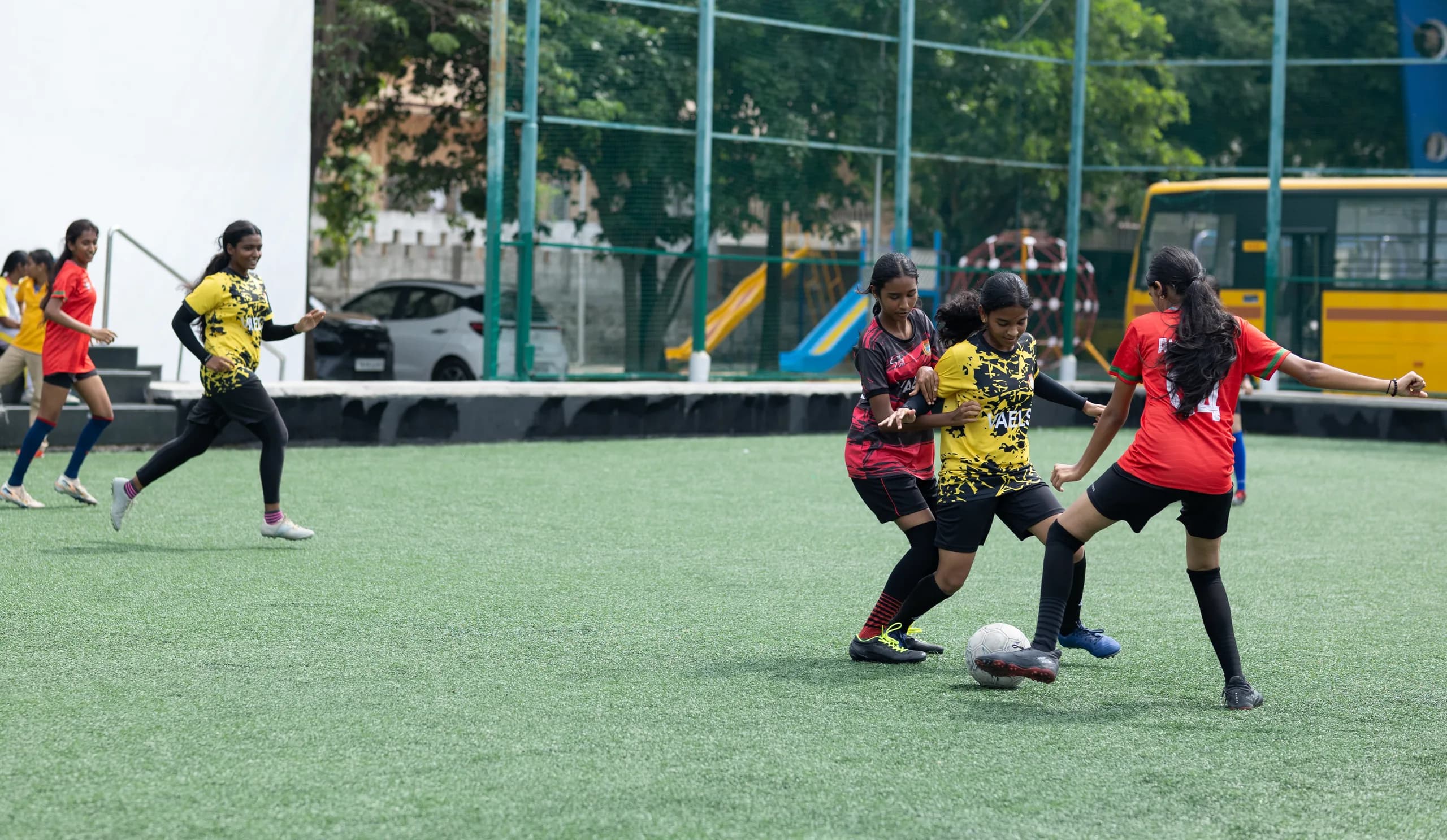 Girls football in action on the Vaels school sports field