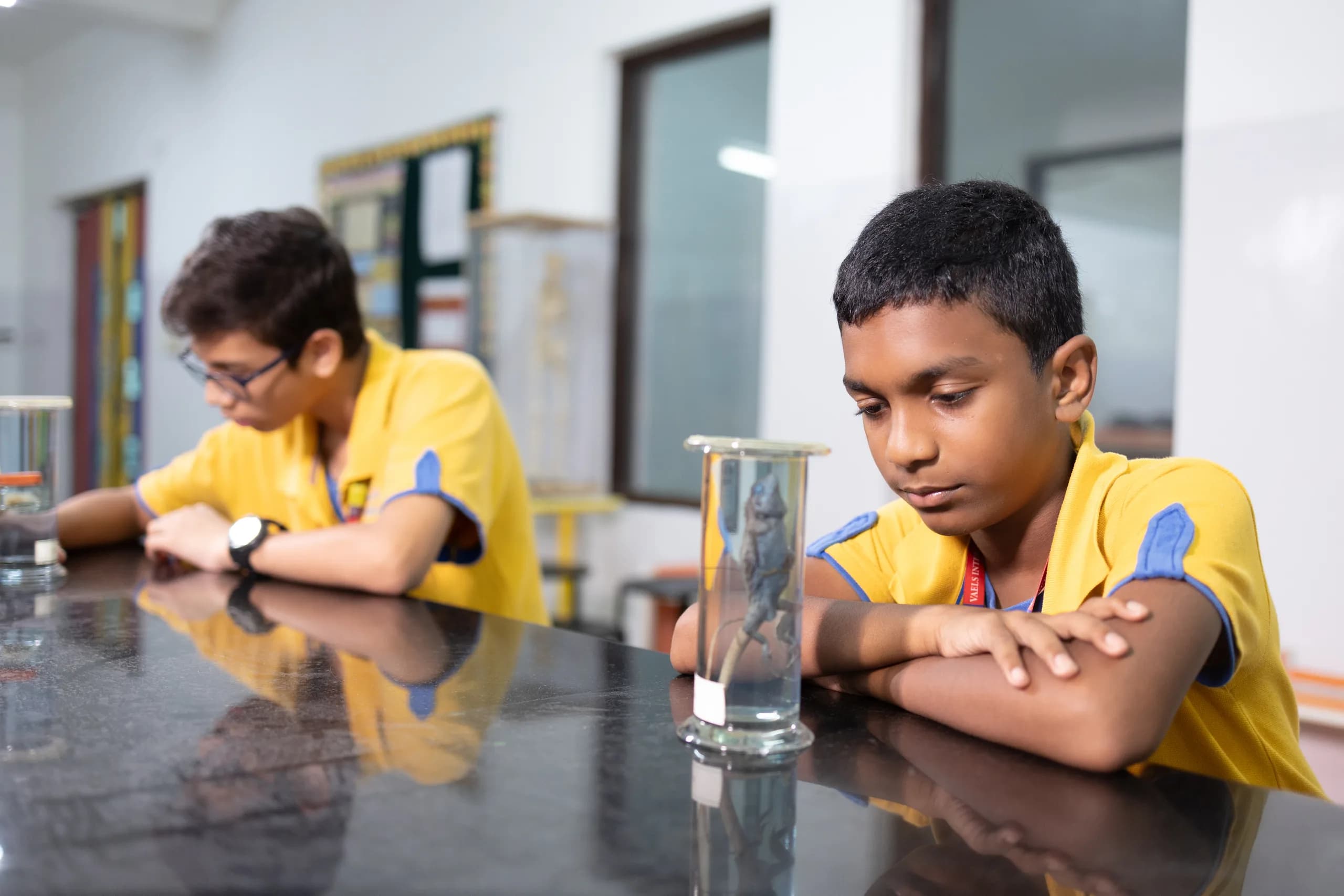 Two students collaborating on a biology lab experiment